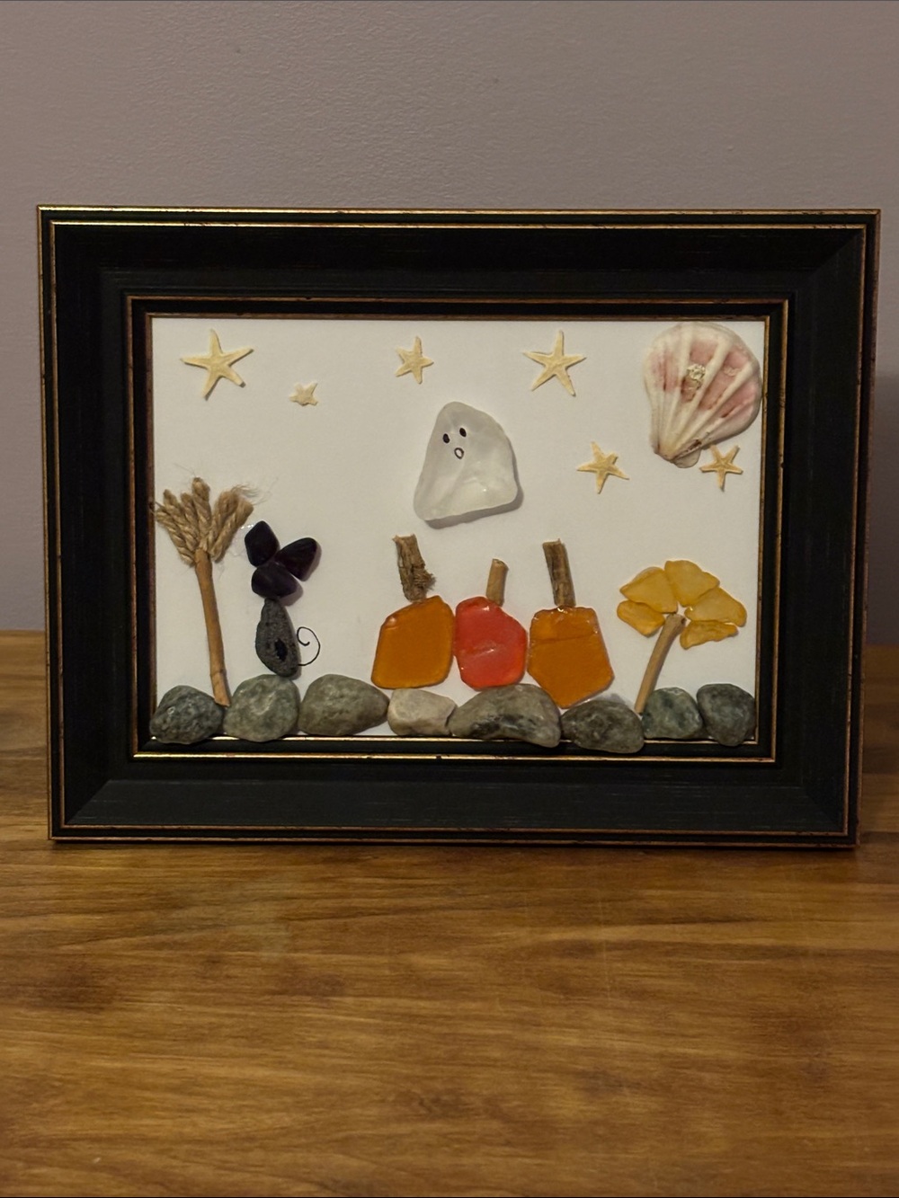 Artisan Coastal Halloween Art, Sea Glass Pumpkins, Ghost, Black Cat, Night Sky